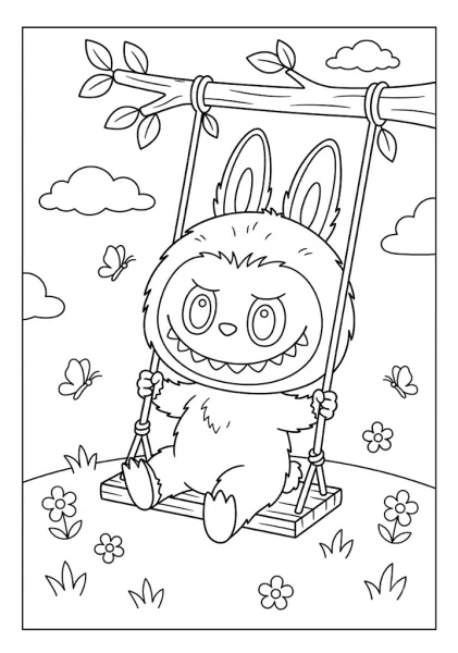 A happy monster character swinging on a tree swing in our creative Labubu coloring pages