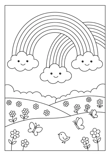 Simple coloring page with two rainbows emerging from smiling clouds over a meadow with a little bird and butterflies