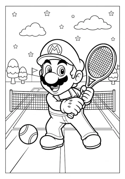 Mario playing tennis holding a racket on a court near a net and tennis ball Mario Coloring Pages