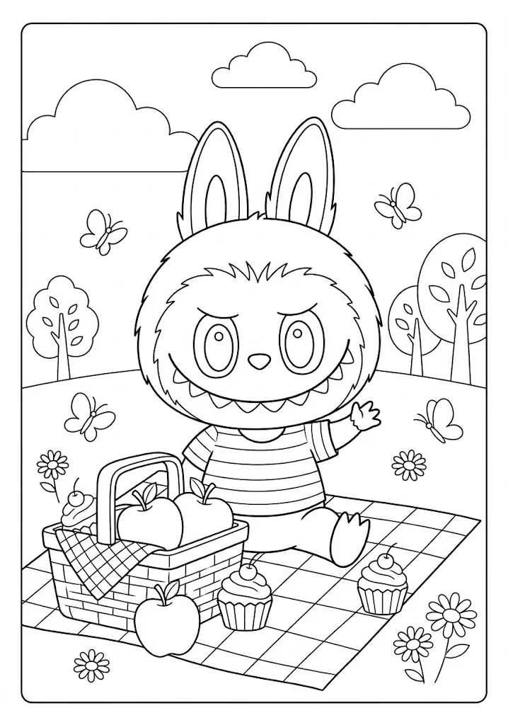 A cute monster sitting on a picnic blanket with treats and fruits in Labubu coloring pages