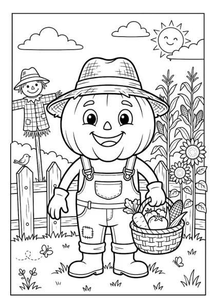 Cute pumpkin dressed as a farmer holding a basket of fresh vegetables on a farm with a scarecrow, cornfield, and sunflowers Pumpkin