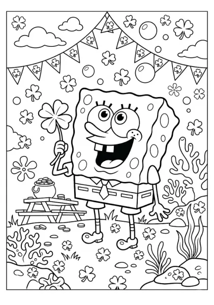 SpongeBob SquarePants holding a four-leaf clover near a pot of gold and shamrock decorations SpongeBob Coloring Pages