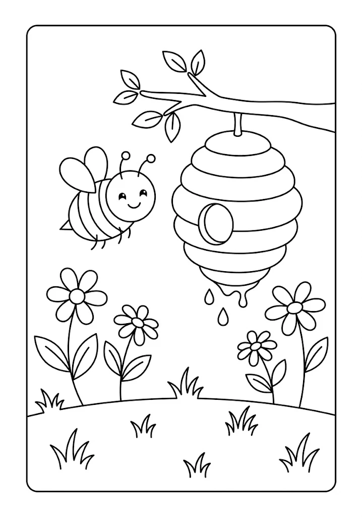 A cute bee flying toward a dripping beehive hanging from a tree branch in a flower field Bee Coloring Pages