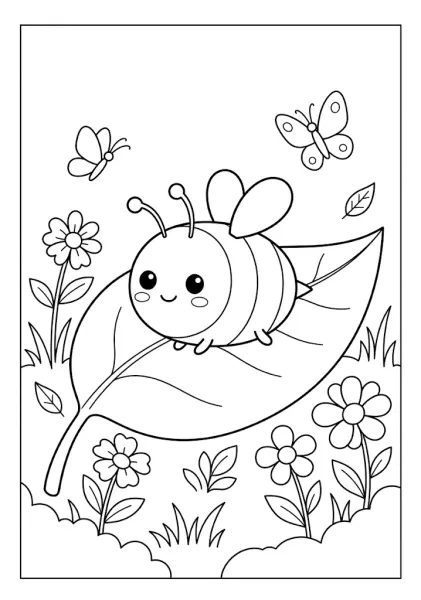 A cute chubby bee resting comfortably on top of a giant green leaf surrounded by small flowers and butterflies Bee Coloring Pages