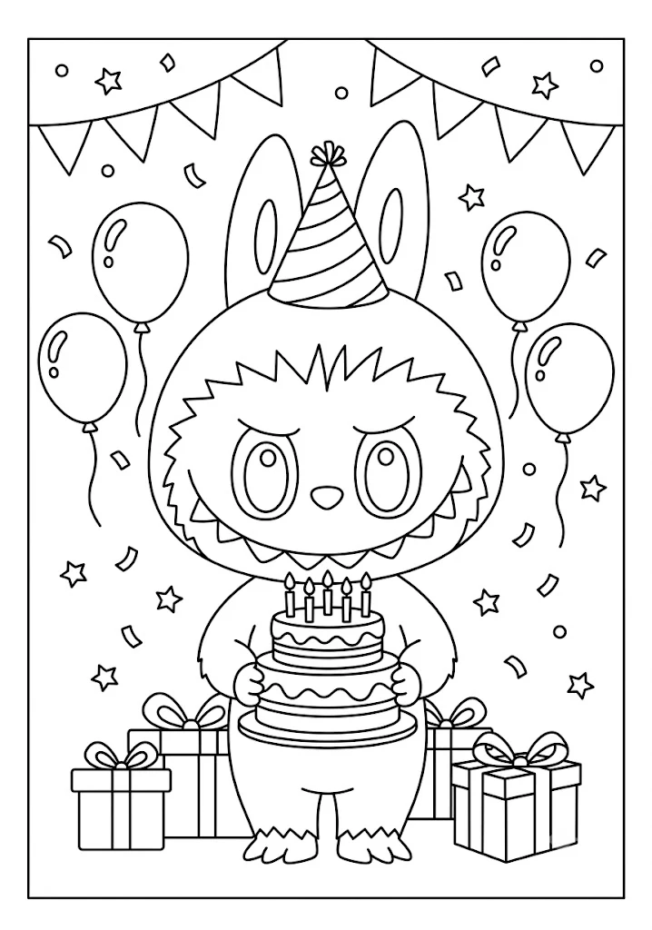 A happy monster character holding a birthday cake with candles in printable Labubu coloring pages