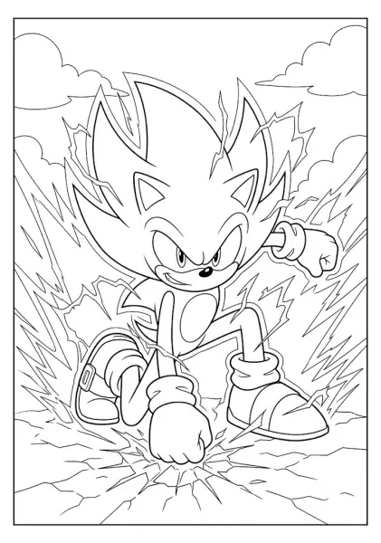 Printable Dark Sonic coloring page featuring the angry hedgehog punching the ground surrounded by intense lightning energy