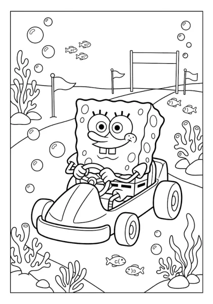 SpongeBob SquarePants driving a go-kart car on a race track underwater near a finish line SpongeBob Coloring Pages