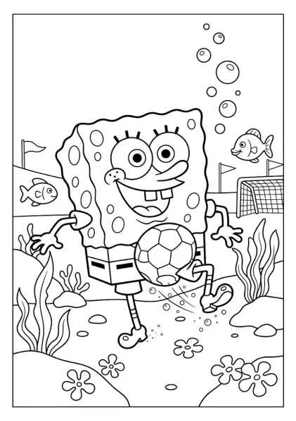 SpongeBob SquarePants kicking a soccer ball on an underwater field with a goal net and swimming fish SpongeBob Coloring Pages