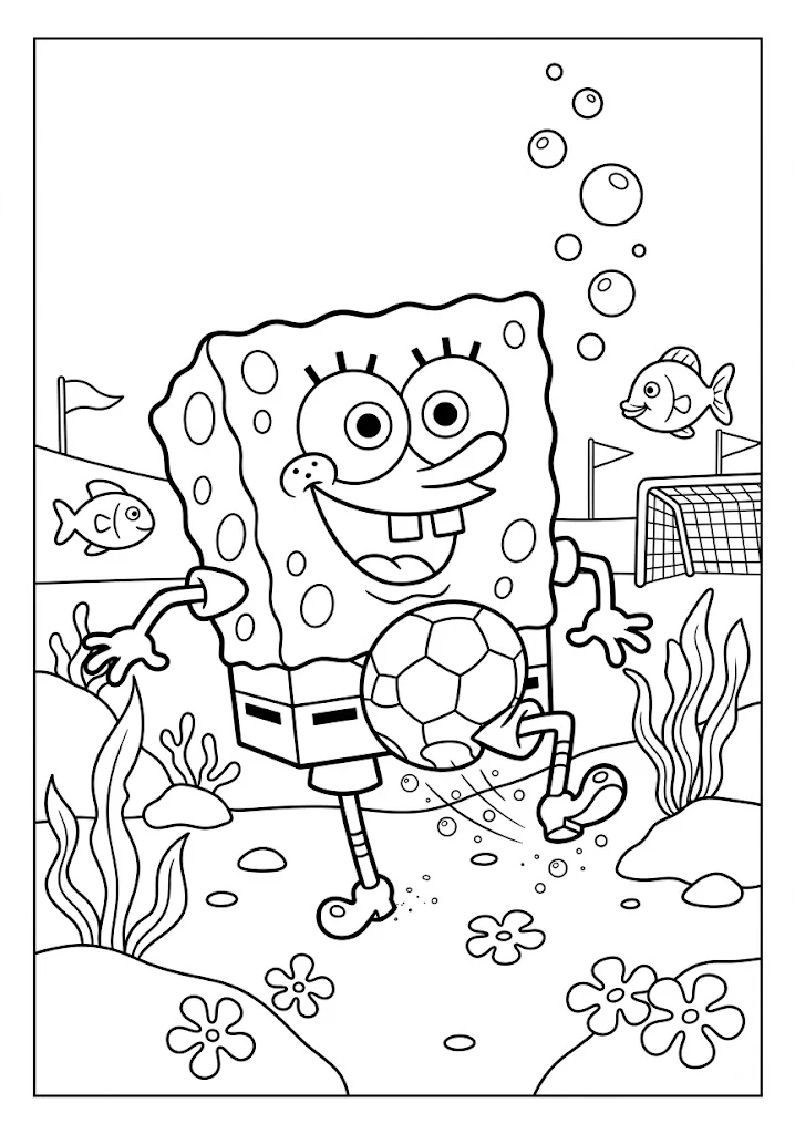SpongeBob SquarePants kicking a soccer ball on an underwater field with a goal net and swimming fish SpongeBob Coloring Pages