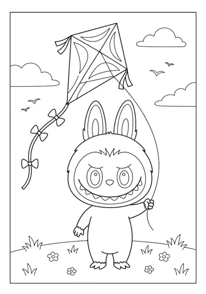 A smiling Labubu monster holding a large flying kite outdoors in featured Labubu coloring pages