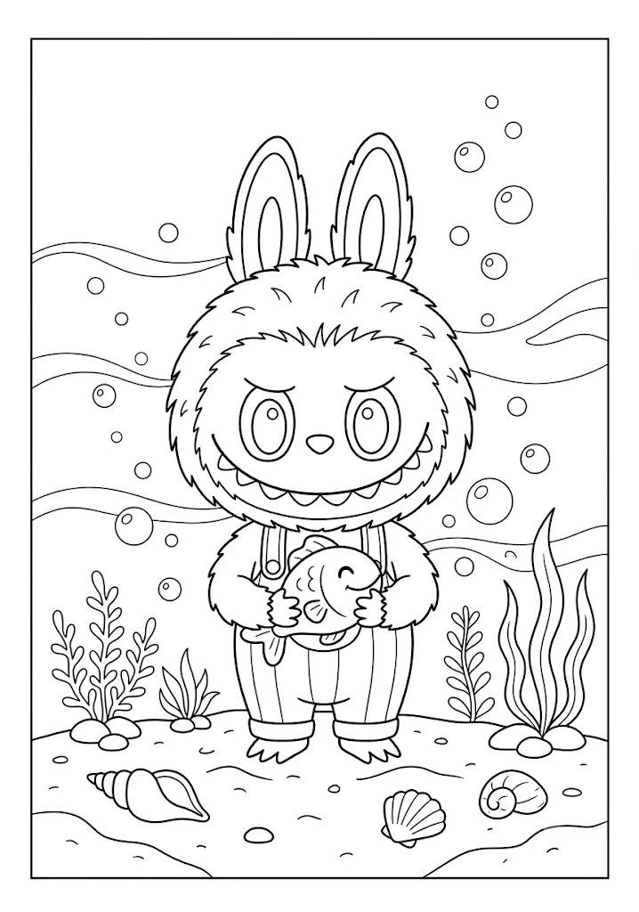 A cute monster character holding a friendly fish underwater in marine Labubu coloring pages