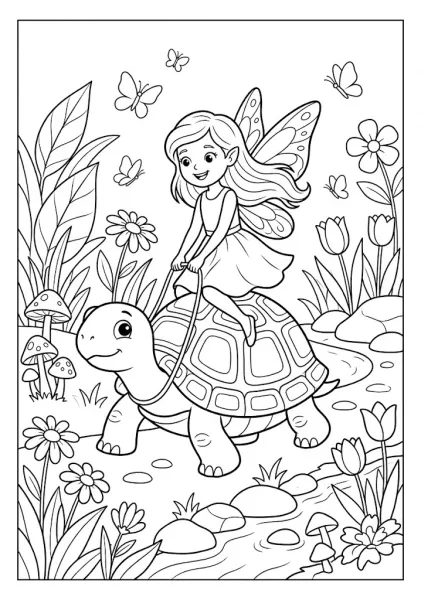 A cute fairy riding on the shell of a friendly turtle along a flower pathway in a garden Fairy Coloring Pages