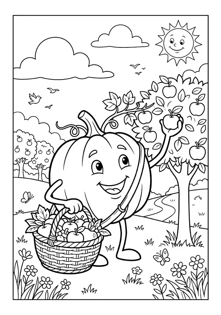 Cute pumpkin picking fresh apples from an apple tree into a basket in a sunny orchard with flowers and butterflies Pumpkin Coloring Pages