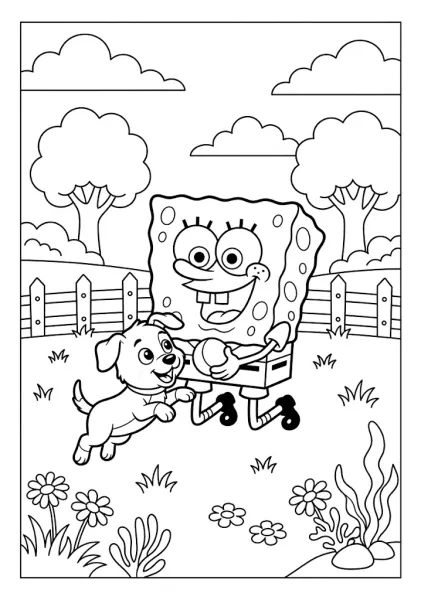 SpongeBob SquarePants playing ball with a playful puppy dog in a grassy park field SpongeBob Coloring Pages