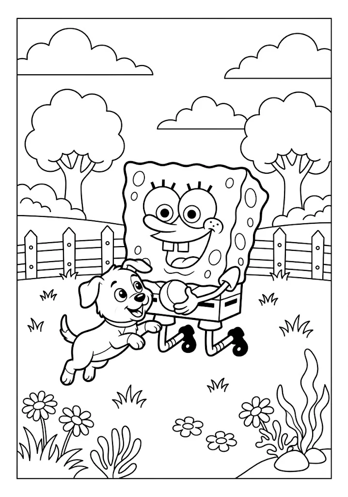 SpongeBob SquarePants playing ball with a playful puppy dog in a grassy park field SpongeBob Coloring Pages