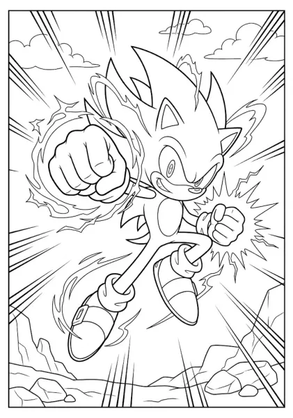 Action-packed Sonic coloring page showing the heroic hedgehog flying forward with a powerful energy aura and dynamic lines