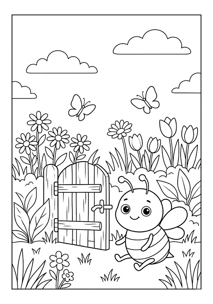 A cute bee sitting on grass next to an open wooden garden door surrounded by flowers, butterflies, and clouds Bee Coloring Pages