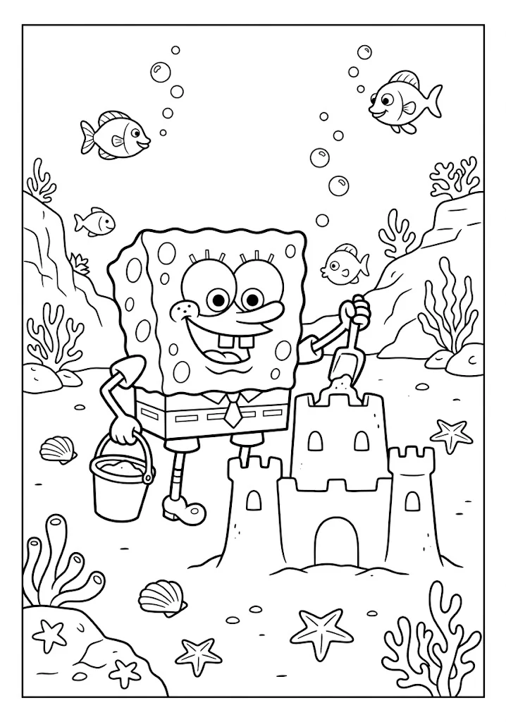 SpongeBob SquarePants holding a spade and bucket building a large sandcastle underwater SpongeBob Coloring Pages