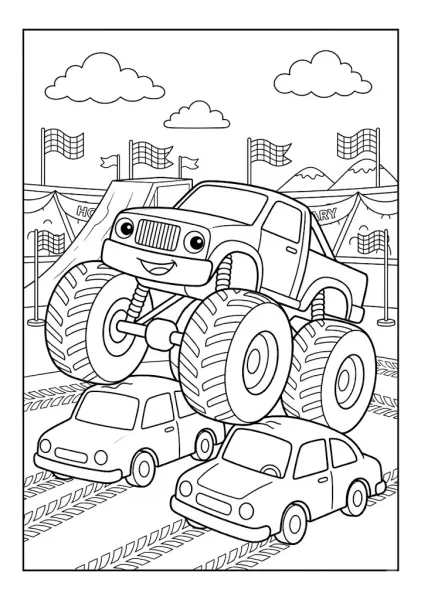 Monster truck crushing two small cars on a dirt arena with checkered flags Monster Truck Coloring Pages