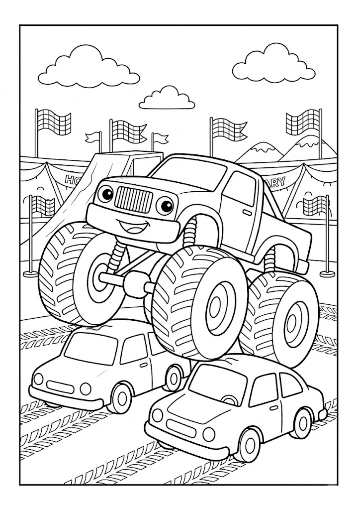 Monster truck crushing two small cars on a dirt arena with checkered flags Monster Truck Coloring Pages