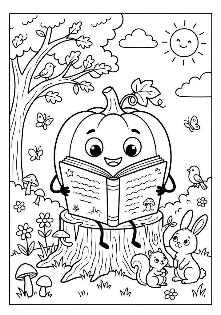 Cute pumpkin sitting on a tree stump reading a storybook to a cute rabbit and squirrel in a forest with flowers and birds Pumpkin Coloring Pages