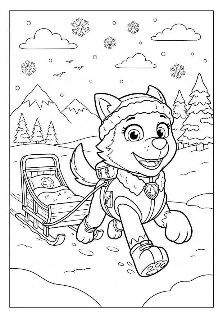 Everest pulling a rescue sled through snowy mountains with pine trees and falling snowflakes