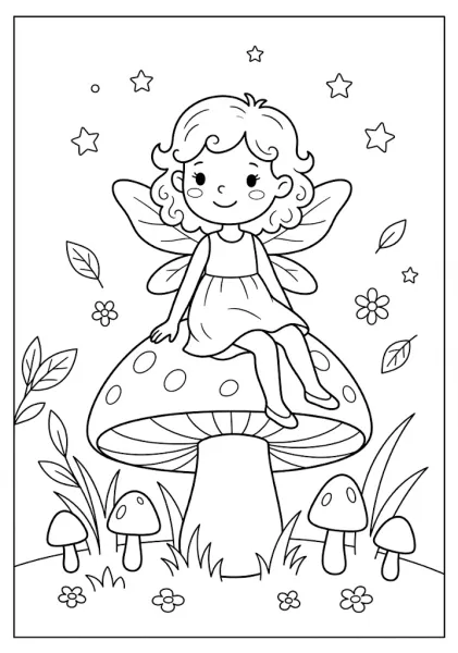 A cute curly-haired fairy sitting on top of a giant polka dot mushroom surrounded by smaller mushrooms and leaves Fairy Coloring Pages