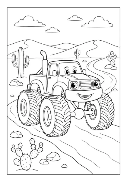 Monster truck driving on a sandy desert path with cactus plants and mountains Monster Truck Coloring Pages