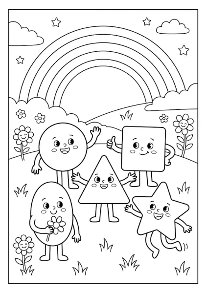 Cute geometric shape characters circle square triangle star and oval standing happily under a rainbow coloring page
