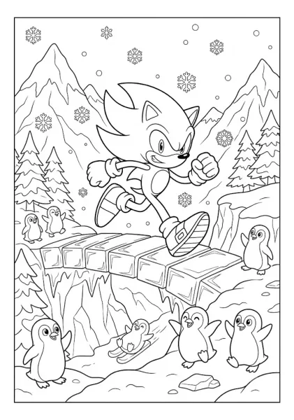 A cute coloring page showing Sonic crossing an ice bridge in a snowy mountain landscape with playful penguins