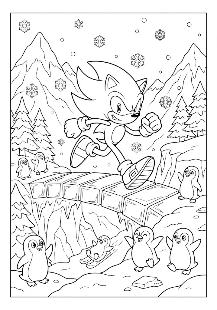 A cute coloring page showing Sonic crossing an ice bridge in a snowy mountain landscape with playful penguins