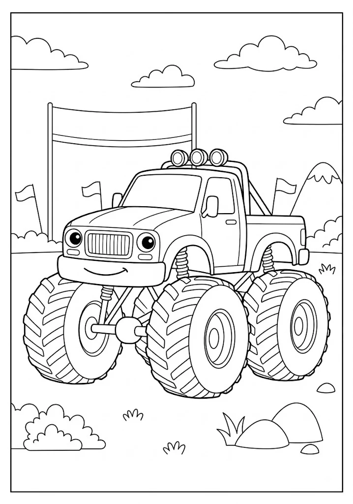 Monster truck parked near a finish line banner on a race track Monster Truck Coloring Pages