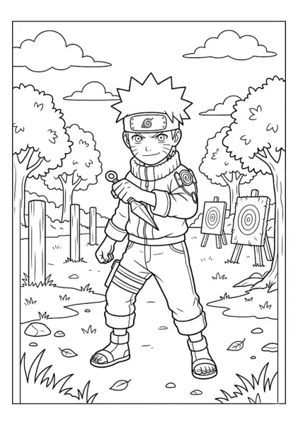 Chibi Naruto in a ready stance holding a kunai at a target practice field coloring page