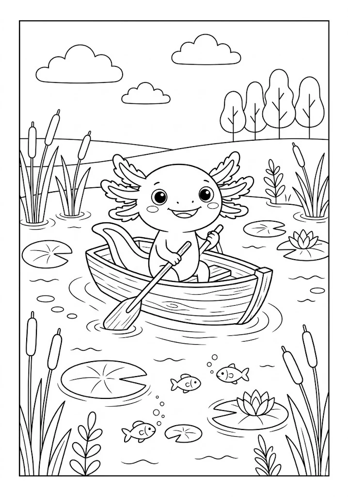 Cute axolotl rowing a wooden boat with a paddle on a calm pond with cattails Axolotl Coloring Pages