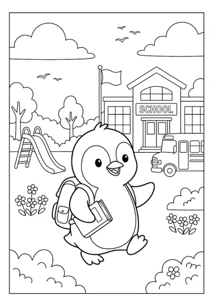 Cute penguin wearing a backpack holding a book and walking to a school building with a bus and playground Penguin Coloring Pages
