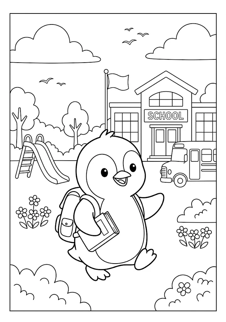 Cute penguin wearing a backpack holding a book and walking to a school building with a bus and playground Penguin Coloring Pages
