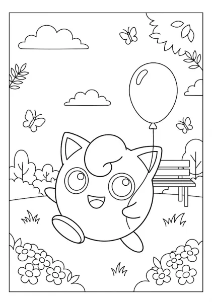 Cute Jigglypuff holding a floating balloon in a park near a wooden bench flowers and butterflies Pokemon Coloring Pages