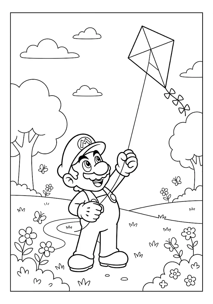 Mario flying a diamond-shaped kite on a windy day in a flower meadow Mario Coloring Pages
