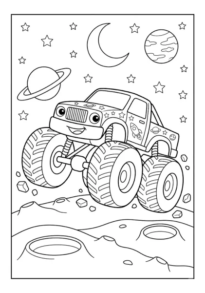 Monster truck leaping on the moon in outer space with planets stars and moon craters Monster Truck Coloring Pages