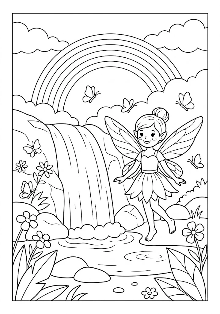 A cute fairy standing by a waterfall stream under a large rainbow with butterflies floating around Fairy Coloring Pages