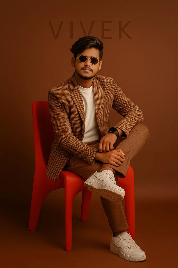Male Studio Portrait in Brown Blazer and Red Chair Chatgpt Prompt