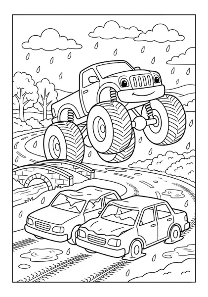 Monster truck leaping over crushed cars on a rainy day near a stone bridge Monster Truck Coloring Pages