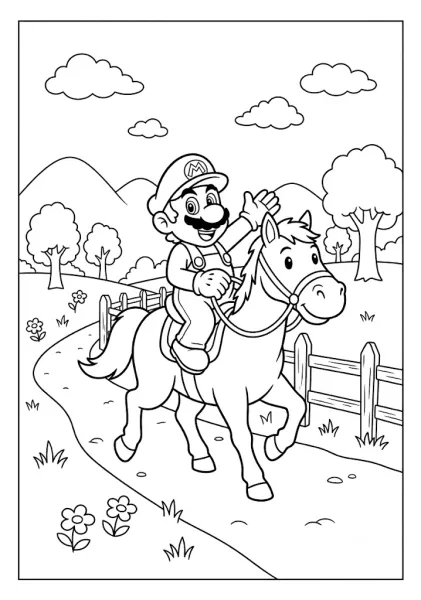 Mario waving while riding a friendly horse along a rural fenced path Mario Coloring Pages