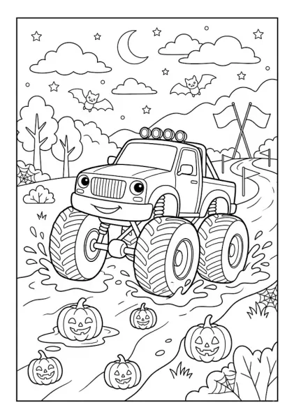 Monster truck driving through a muddy road with jack-o-lantern pumpkins and bats at night Monster Truck Coloring Pages