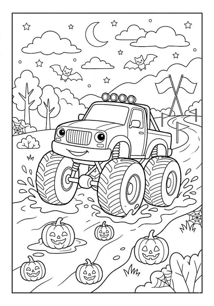 Monster truck driving through a muddy road with jack-o-lantern pumpkins and bats at night Monster Truck Coloring Pages