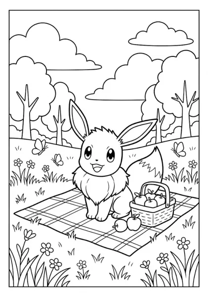Cute Eevee sitting on a checkered picnic mat next to an apple basket in a park field with flowers Pokemon Coloring Pages