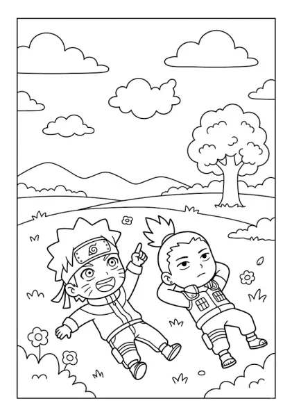 Chibi Naruto and Shikamaru lying on grass looking up at clouds coloring page