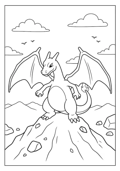 Powerful Charizard standing proudly on a rocky mountain peak with open wings and clouds above Pokemon Coloring Pages