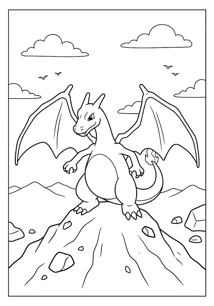 Powerful Charizard standing proudly on a rocky mountain peak with open wings and clouds above Pokemon Coloring Pages