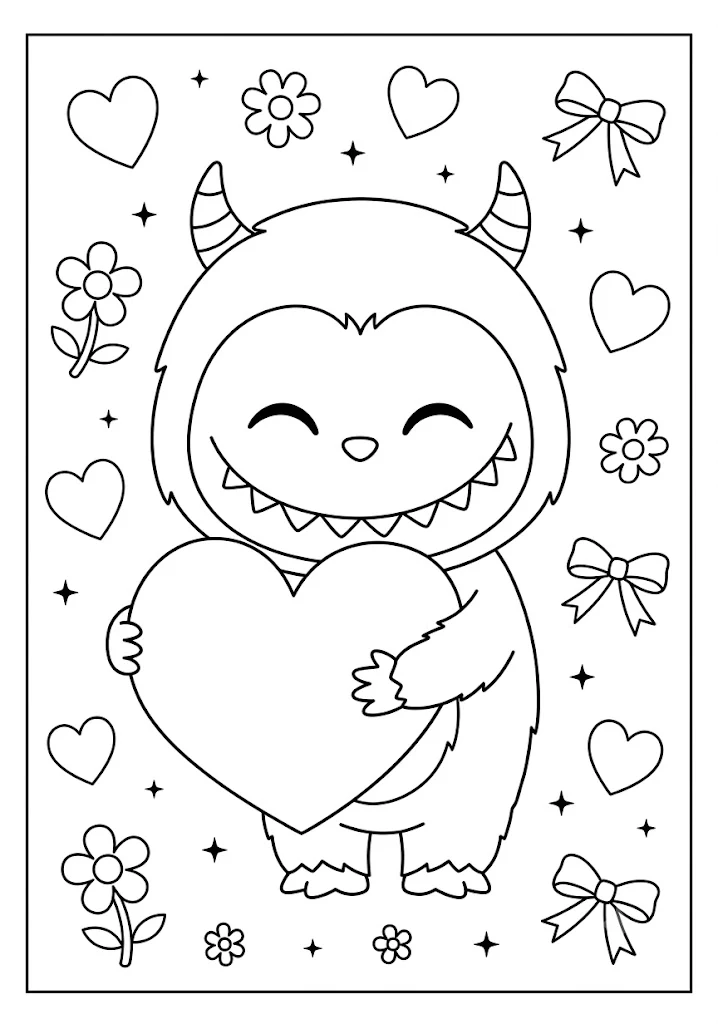 A smiling horned monster holding a large heart framed by bows in cute Labubu coloring pages